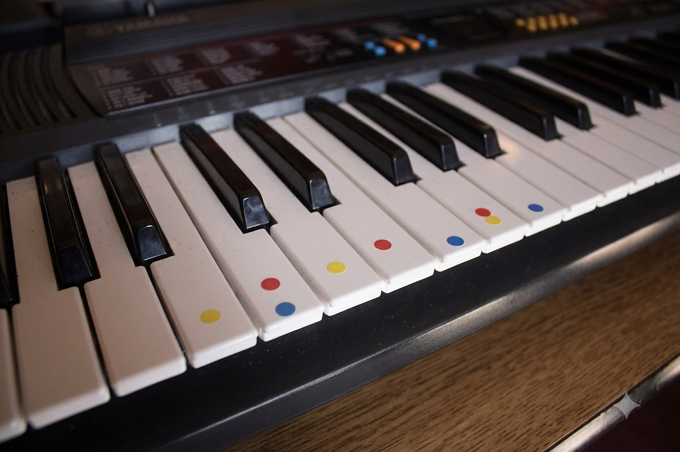 Piano keys labeled with red, yellow, and blue chord stickers