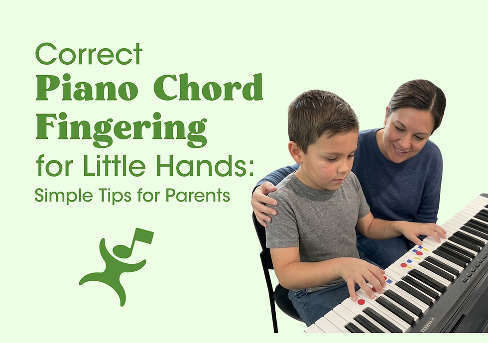 A blog header graphic titled "Correct Piano Chord Fingering for Little Hands: Simple Tips for Parents." The image features a smiling mother gently guiding a young boy as he practices playing chords on a digital keyboard with colorful note stickers. A green musical note logo sits in the bottom left corner against a light green background.