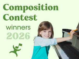 Text reading "Composition Contest winners 2026" on a light green background, next to a photo of a young girl smiling at a piano with a Let's Play Music logo below the text.