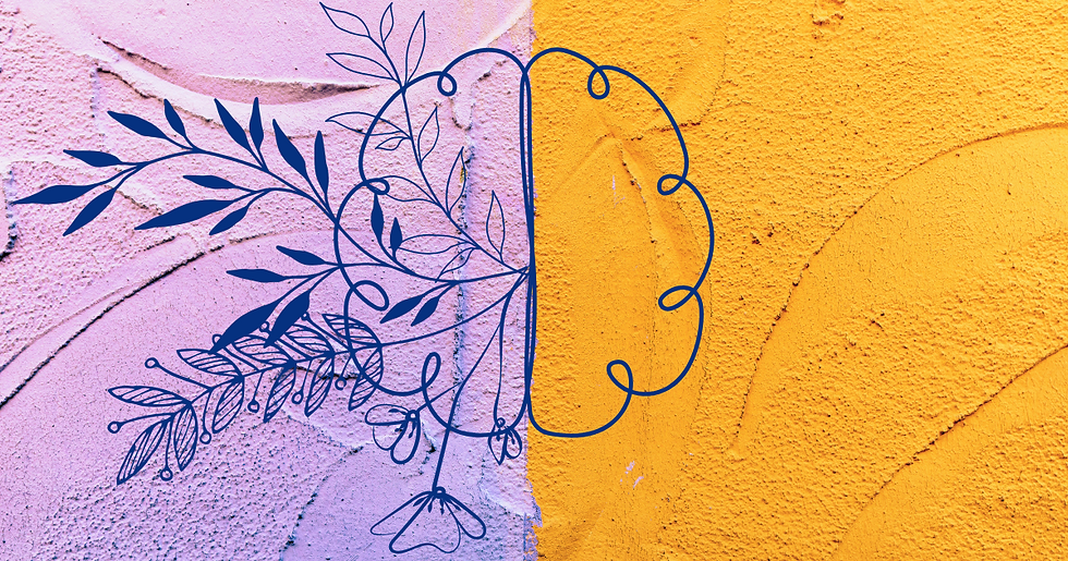 Floral brain illustration with dark blue lines on a textured pink and yellow background, merging abstract plant and anatomical elements.