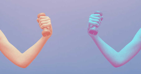 Two hands hold small dumbbells; left arm is pink, right is blue, set against a gradient purple background. Arms raised, vibrant contrast.