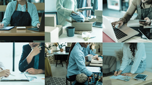 Collage of people working: writing, packing boxes, using laptops and tablets, in a bright office setting. Business and productivity theme.
