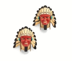 CARTIER  Clip « Indien, Sioux »  Émail, turquoise, diamants taille rose Or 18k, 750 et argent, <800