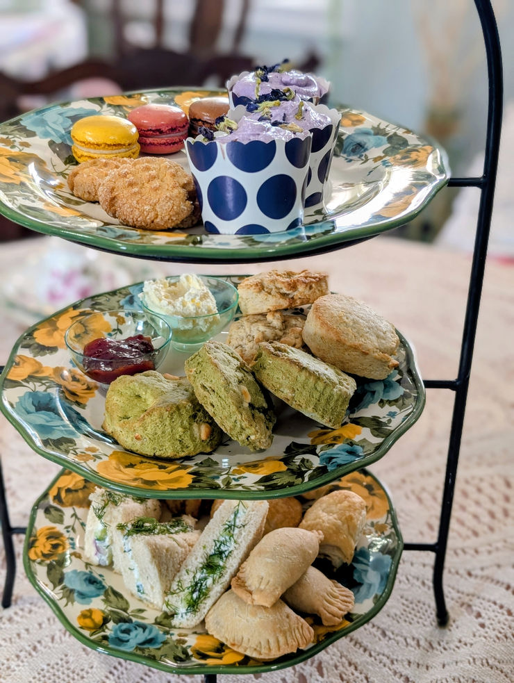 A traditional three tier afternoon tea service.