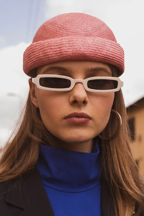 Model wearing an handmade hat