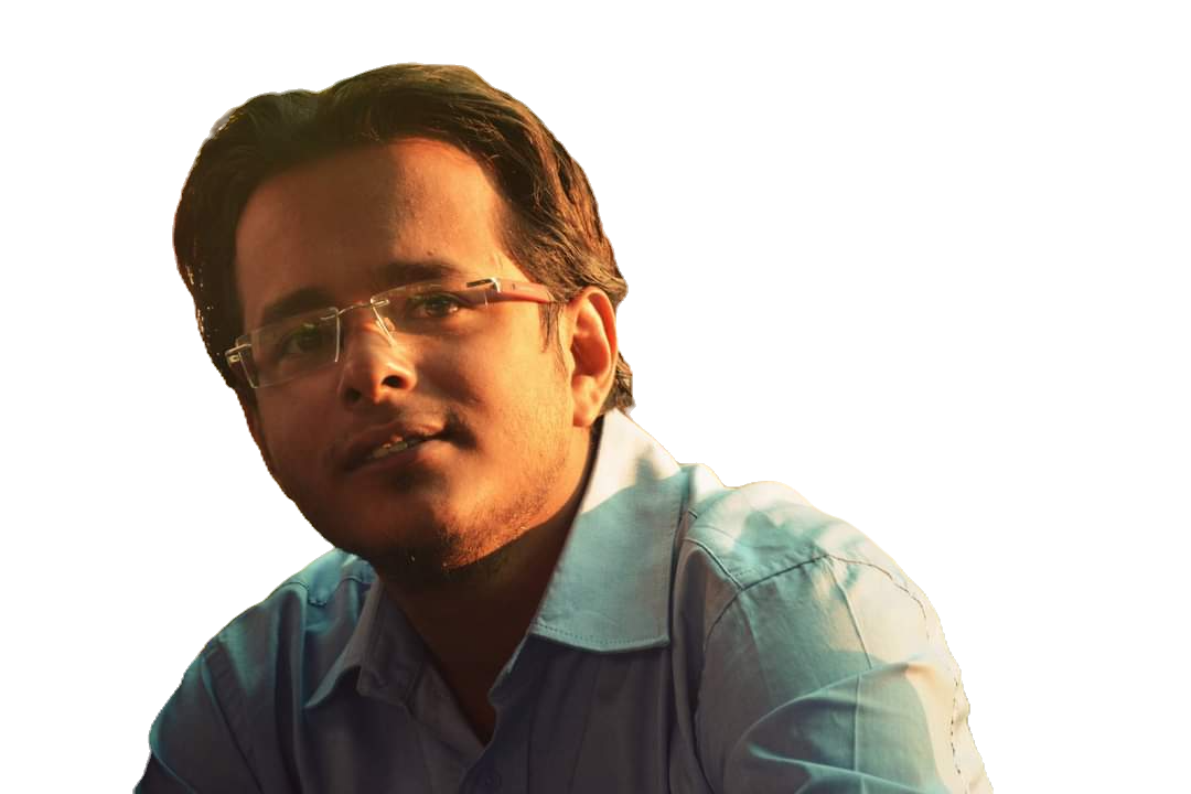 Man with glasses and a blue shirt against a black background.