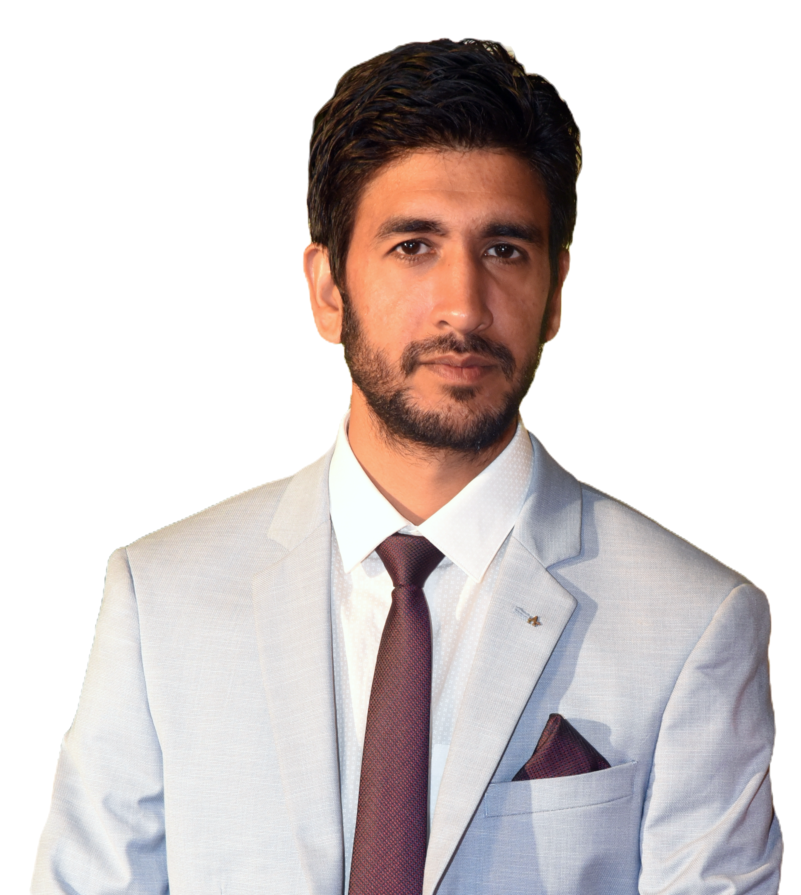 Professional headshot of a man in a light suit and tie