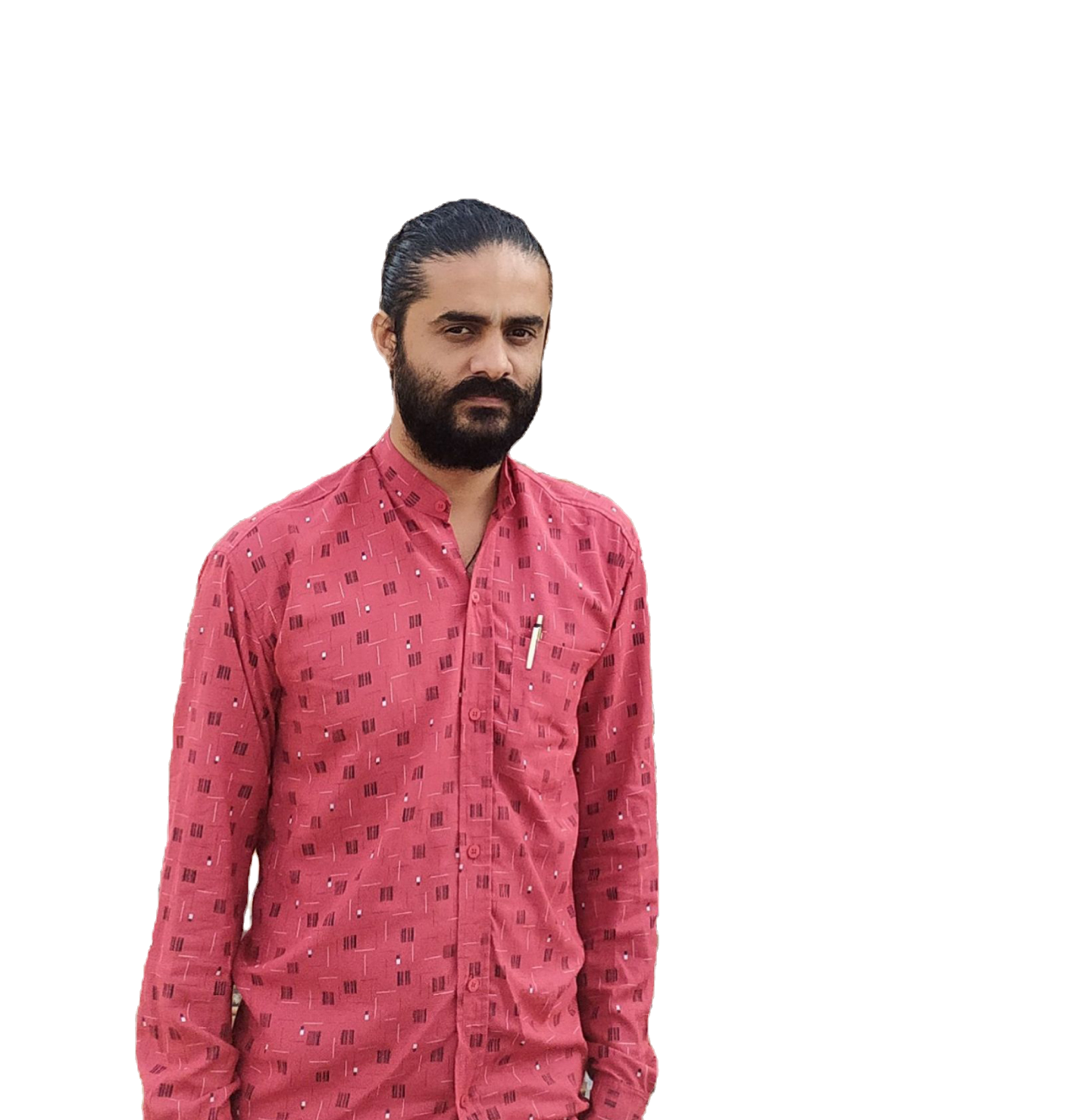 Man with a beard in a pink patterned shirt.