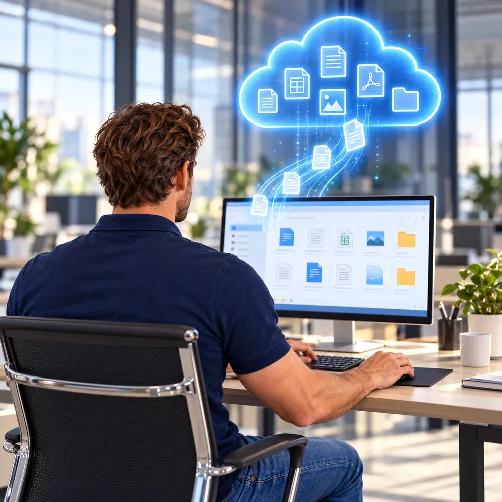 Mitarbeiter speichert Dateien in der Cloud