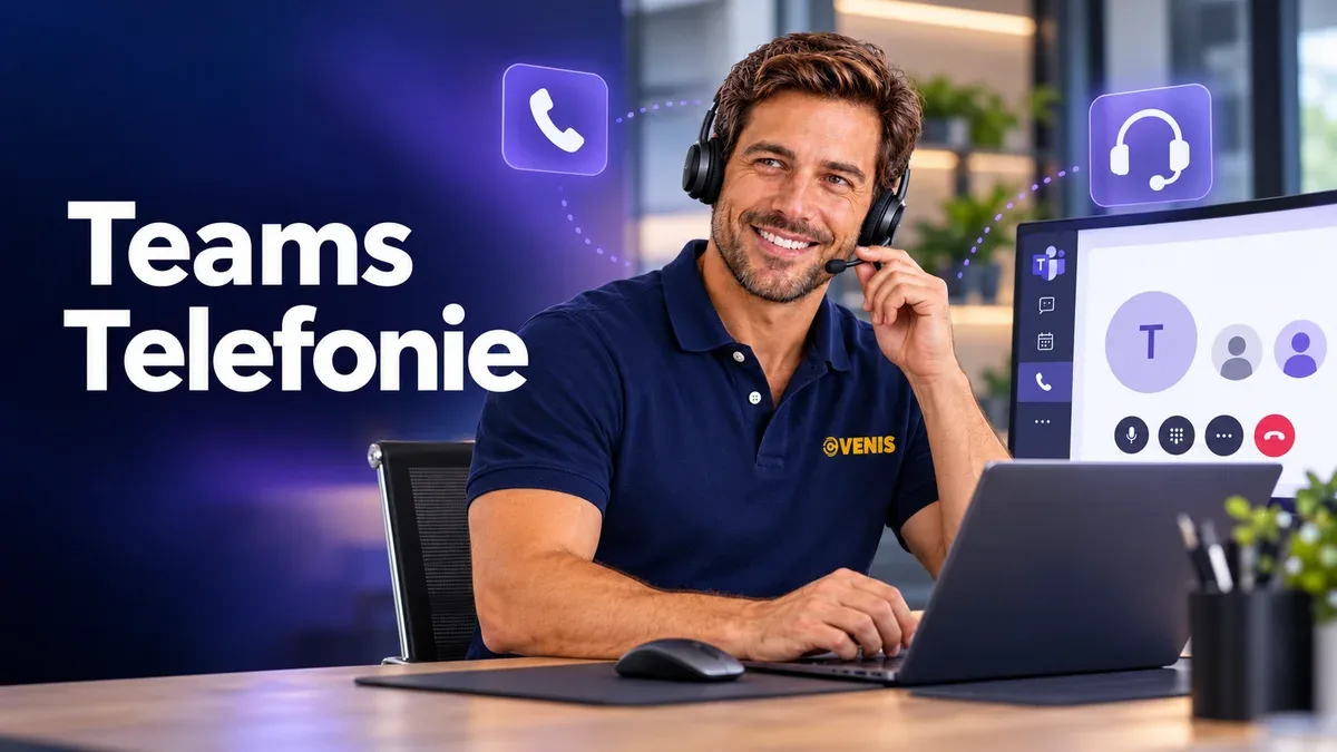 Teams-Telefonie: Mitarbeiter mit Headset telefoniert über Microsoft Teams