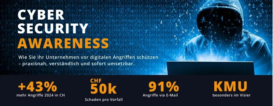 Cyber Security Awareness: Wie Sie Ihr Unternehmen vor digitalen Angriffen schützen. Plus 43 Prozent mehr Angriffe 2024 in der Schweiz, CHF 50'000 Schaden pro Vorfall, 91 Prozent der Angriffe via E-Mail, KMU besonders im Visier.