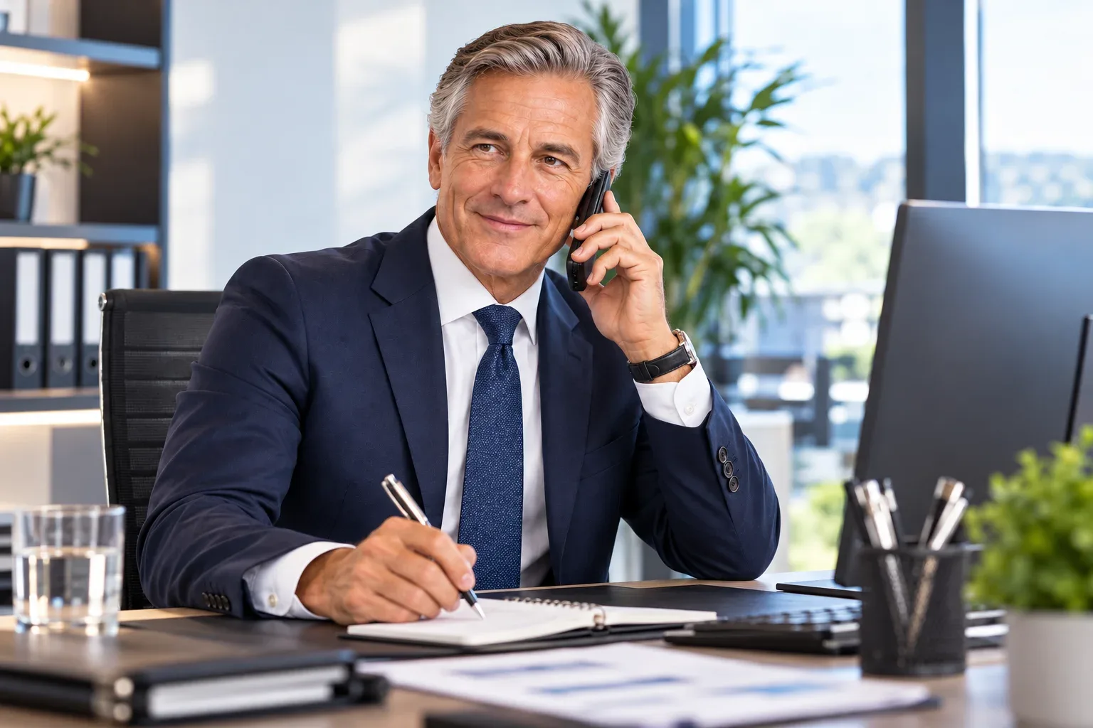 Unternehmer telefoniert an seinem Arbeitsplatz