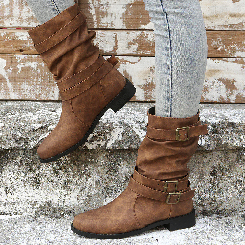 Womens Round Toe Flat Heel Sheepskin Mid Calf Boots