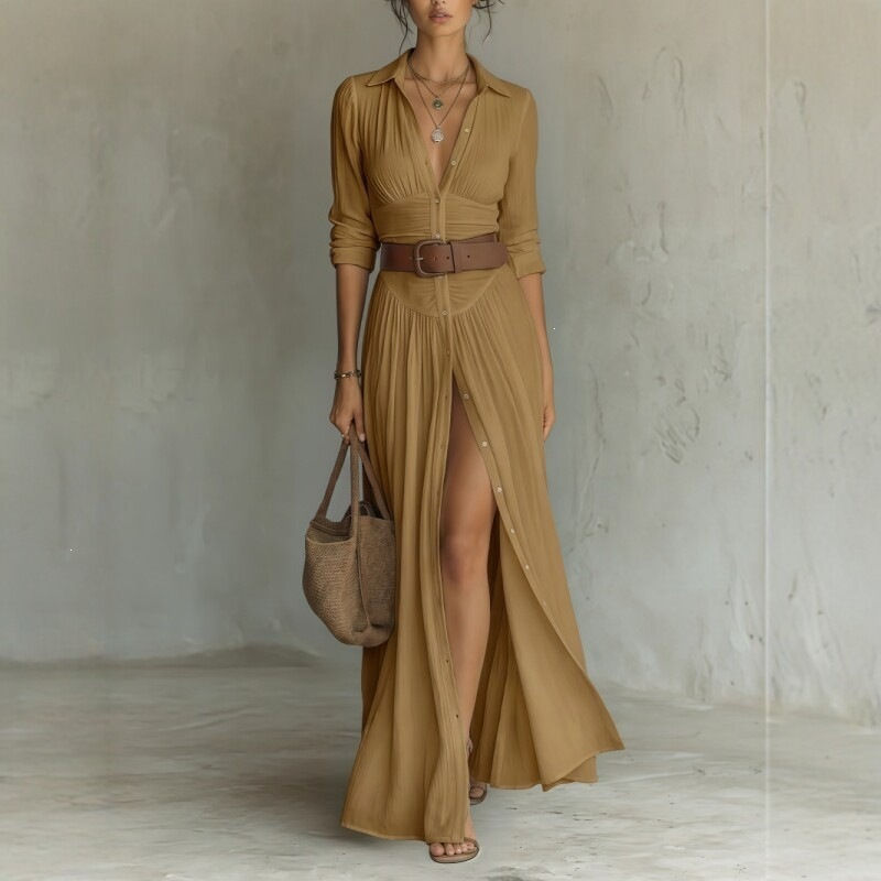 Thumbnail: Womens V-Neck Belted Shirt Dress