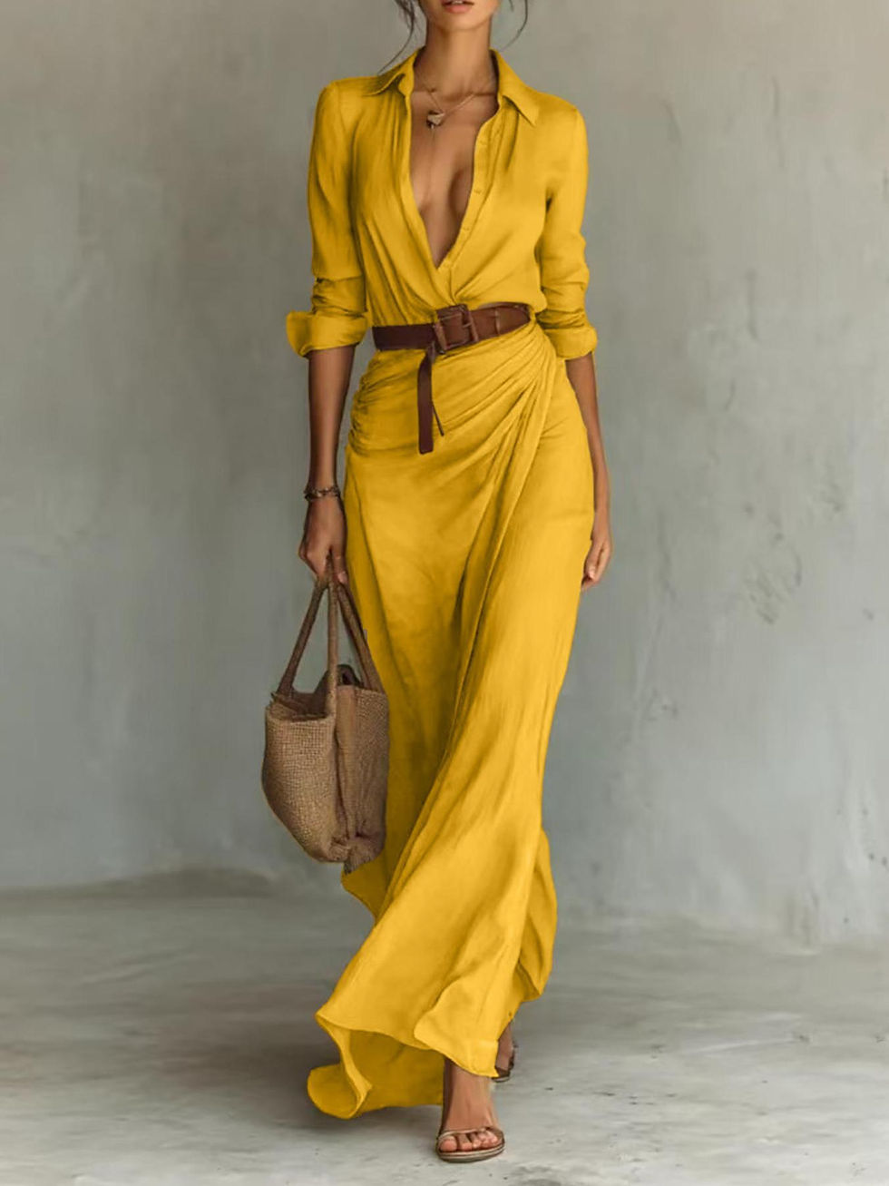 Thumbnail: Women's Elegant Solid Color Irregular Pleated Dress with Belt