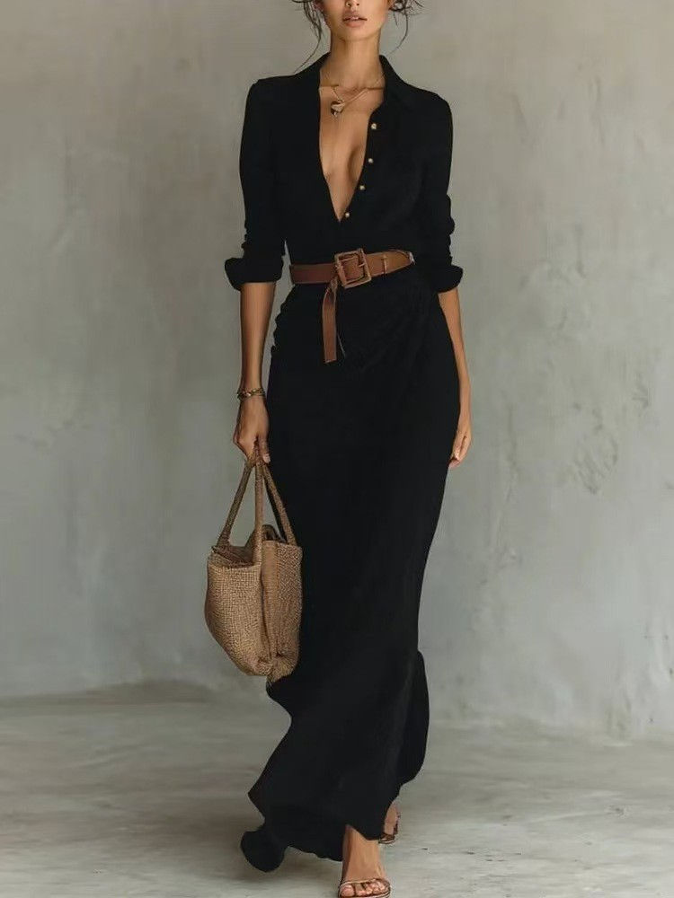 Thumbnail: Women's Elegant Solid Color Irregular Pleated Dress with Belt