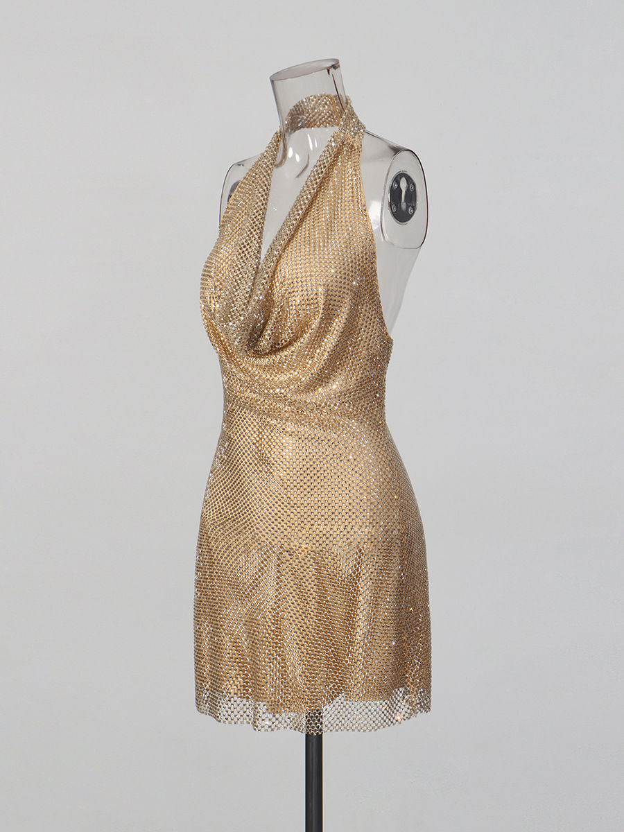 Thumbnail: Lady's glittering diamond-studded V-neck backless short dress with décolletage