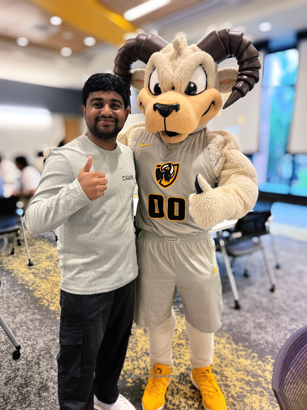 Roshan R Sivakumar with the Rodney the Ram (Mascot of VCU)