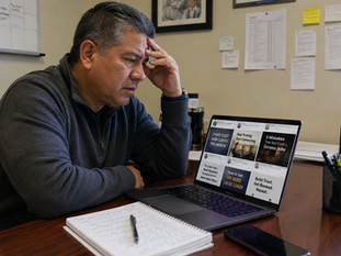 A service business owner looks overwhelmed while reviewing multiple business advice posts on a laptop at his office desk.