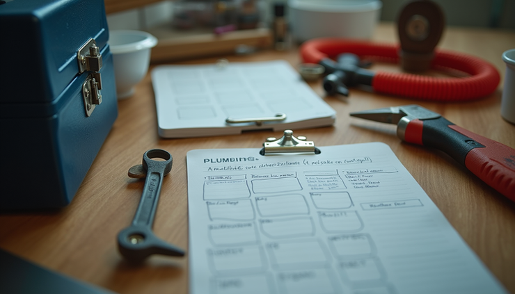 Eye-level view of a plumber’s organized workspace with scheduling notes and tools