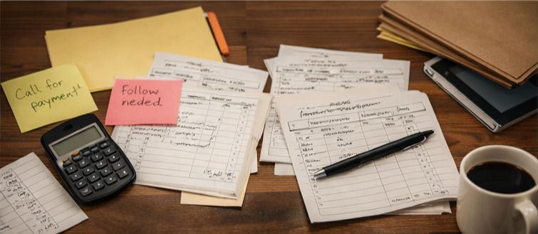 A slightly cluttered desk scene featuring handwritten invoices, paper files, sticky notes, and a pen, capturing the hustle and bustle of managing paperwork amidst a busy workday.