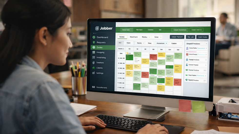A dispatcher efficiently manages tasks using field service management software in a serene office environment, with a well-organized schedule displayed on the screen.