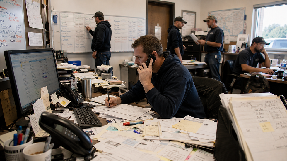 Woman on phone reviews paperwork at a busy office desk. "PLUMBING: FAST. RELIABLE. DONE RIGHT" sign and coworkers in background.