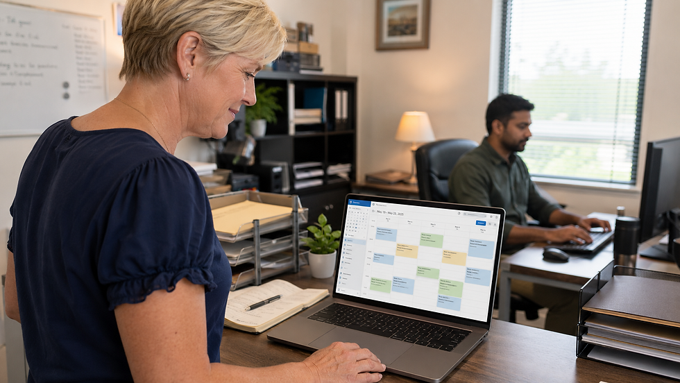 Woman reviews a laptop calendar while a man types in a bright office, with May 19–23, 2025 visible on screen.