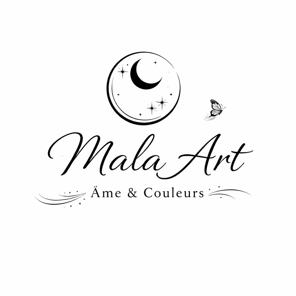 Logo de Mala Art, illustrant une lune entourée d'étoiles et accompagnée d'un papillon, évoquant élégamment l'union de l'âme et des couleurs.