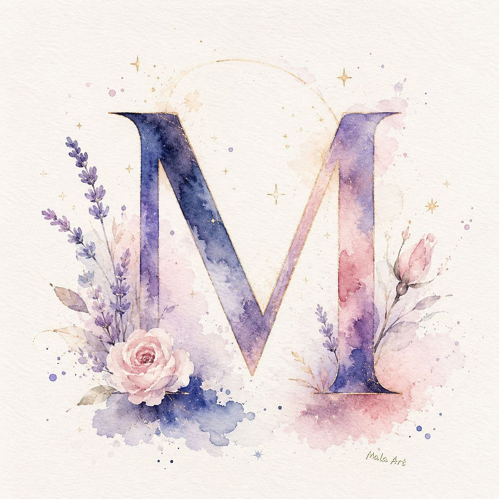 Lettre M ornée d'un motif floral aquarelle avec des roses et de la lavande, entourée d'étoiles dorées.