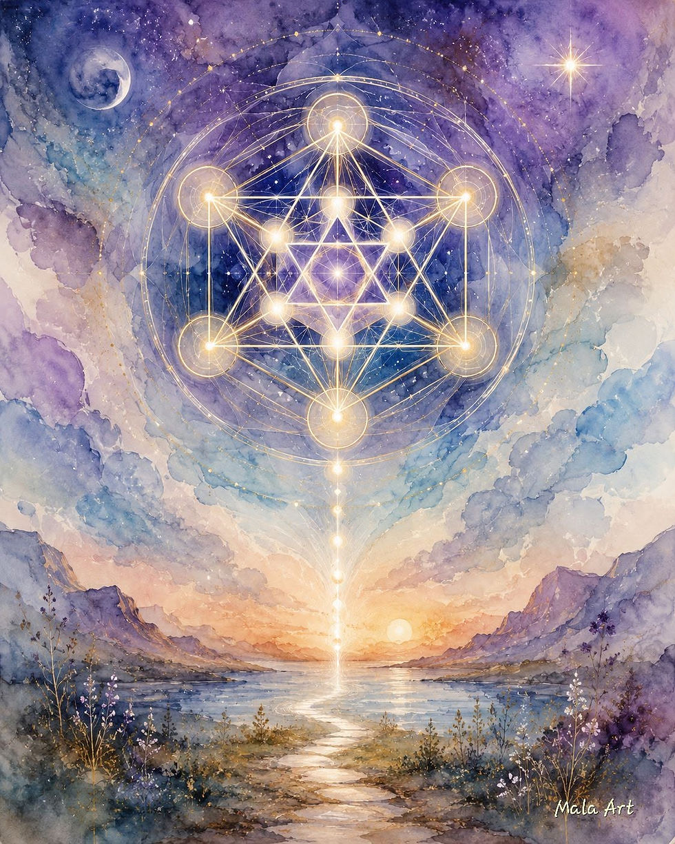 Vision inspirante de la géométrie sacrée de Métatron, illuminant un paysage céleste avec une harmonie cosmique au crépuscule.