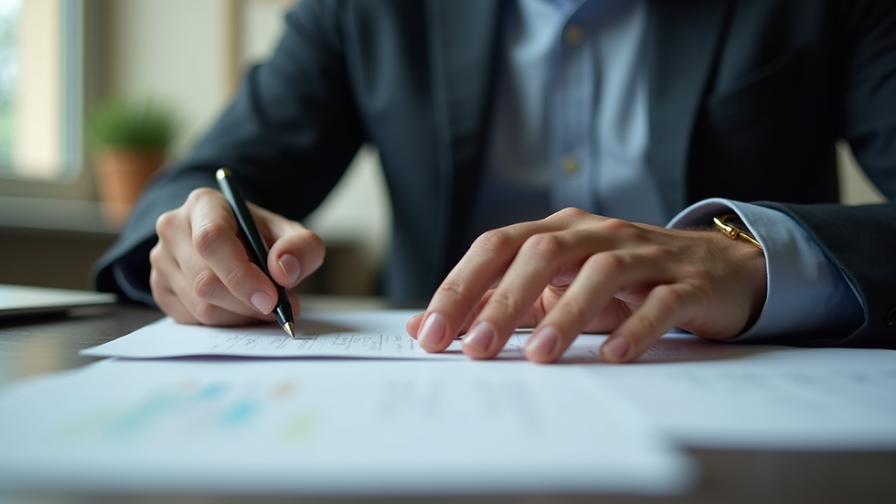 Close-up view of a skip tracer reviewing documents and notes