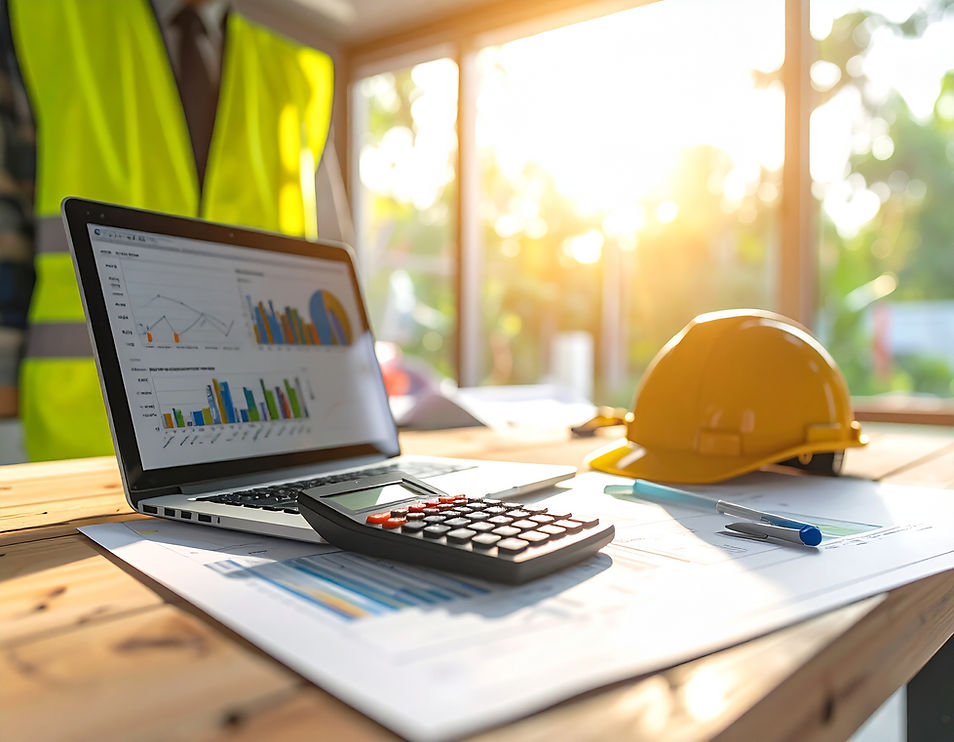 Firefly_desk of construction reviewing financial spreadsheets on a laptop, calculator in h