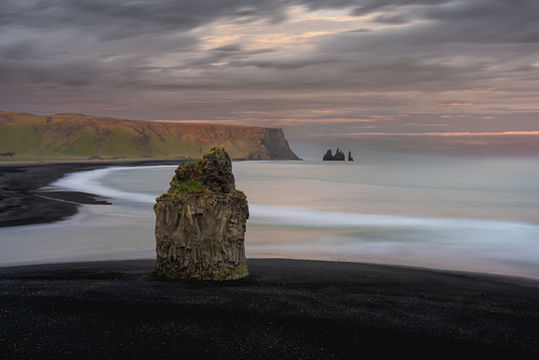 Beach, black sand, after storm, cliff, high tide, south coast Iceland, seascape, Reynisfjara, Dyrholaey, sea stacks