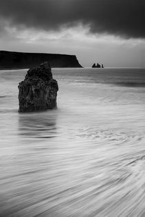 Beach in a storm, cliff, high tide, black and white, south coast, Iceland, seascape, Reynisfjara, Dyrhólaey, sea stacks