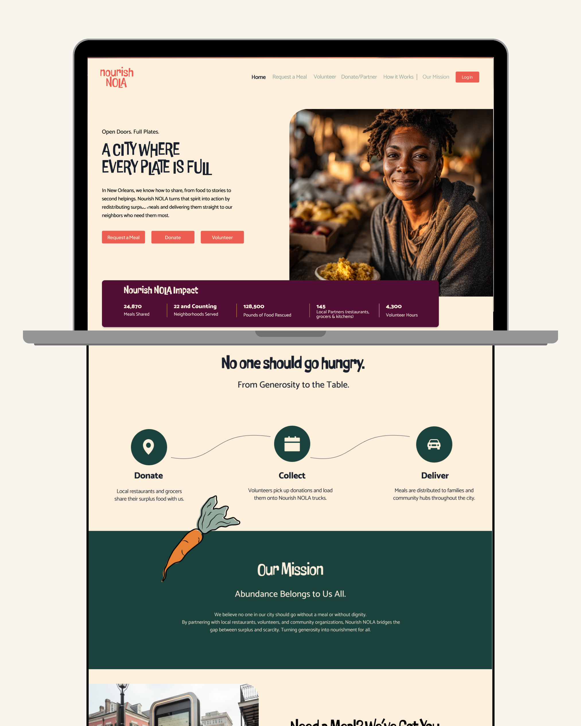 Nonprofit website design for Nourish NOLA highlighting community impact, food access initiatives, and clear calls to action