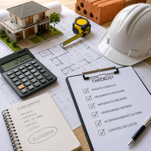 Mesa de planejamento de obra com maquete de casa, plantas, capacete, calculadora, trena e checklist em português