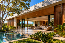 Casa moderna de luxo com piscina, jardim tropical e sala aberta com sofá; luz natural e céu azul, clima sereno.