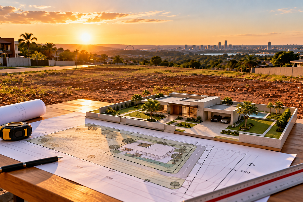 Maquete de casa moderna sobre plantas, com trena e lápis, ao pôr do sol, com skyline da cidade ao fundo.