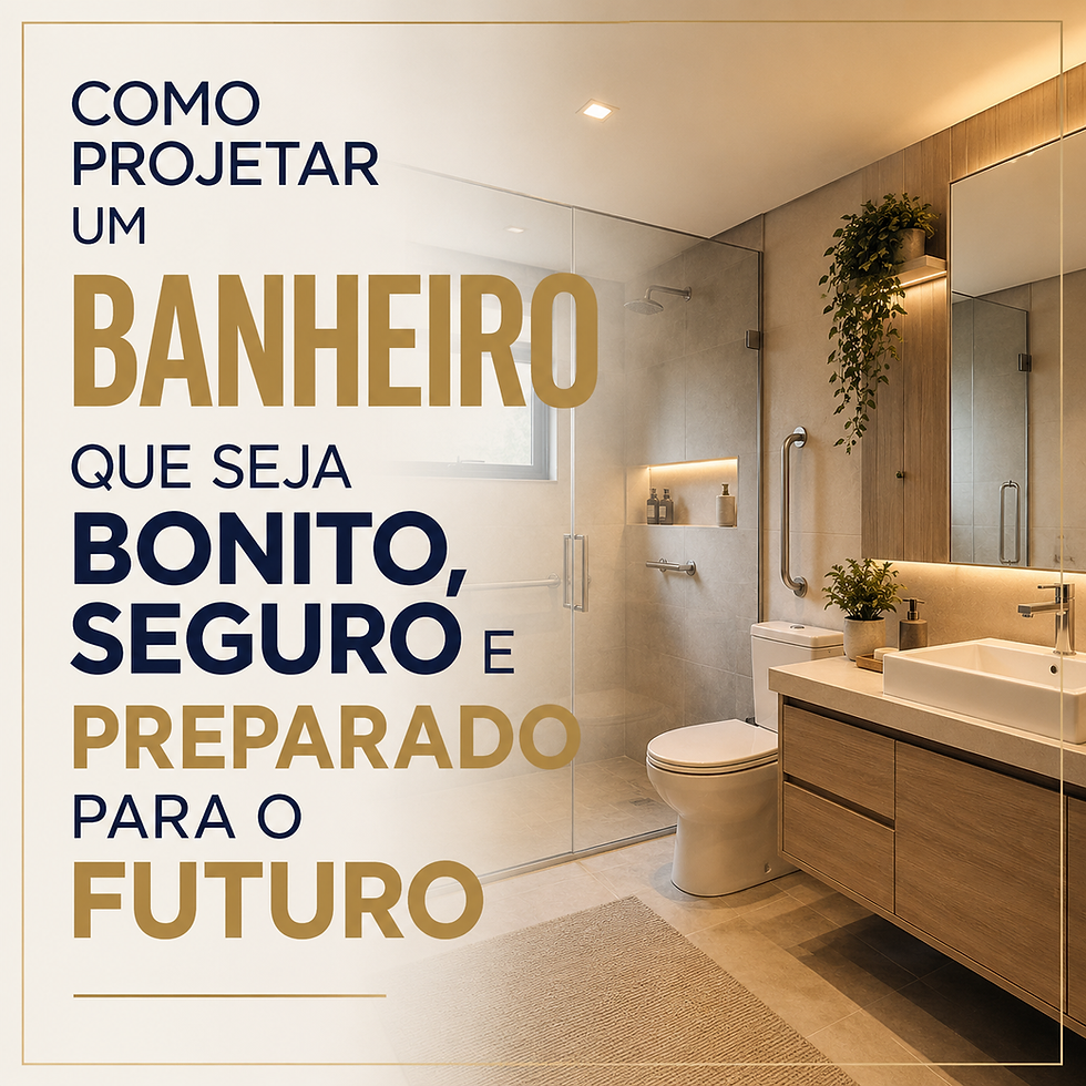 banheiro moderno bege e madeira, com box de vidro e plantas; texto: Como projetar um banheiro bonito, seguro e preparado.