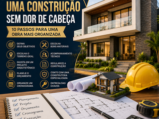 Infográfico em português sobre planejar construção: casa moderna, capacete amarelo, plantas, calculadora e caderno com checklist.
