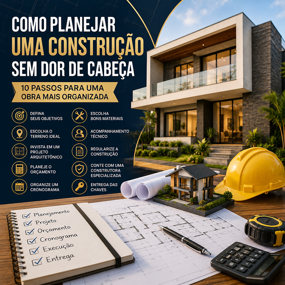 Infográfico em português sobre planejar construção: casa moderna, capacete amarelo, plantas, calculadora e caderno com checklist.