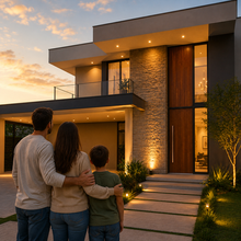 Família admirando casa moderna recém-construída representando realização do sonho da casa própria com projeto e construção em Brasília.