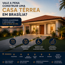 Casa térrea moderna ao entardecer, com texto Vale a pena construir uma casa térrea em Brasília? e ícones de benefícios.