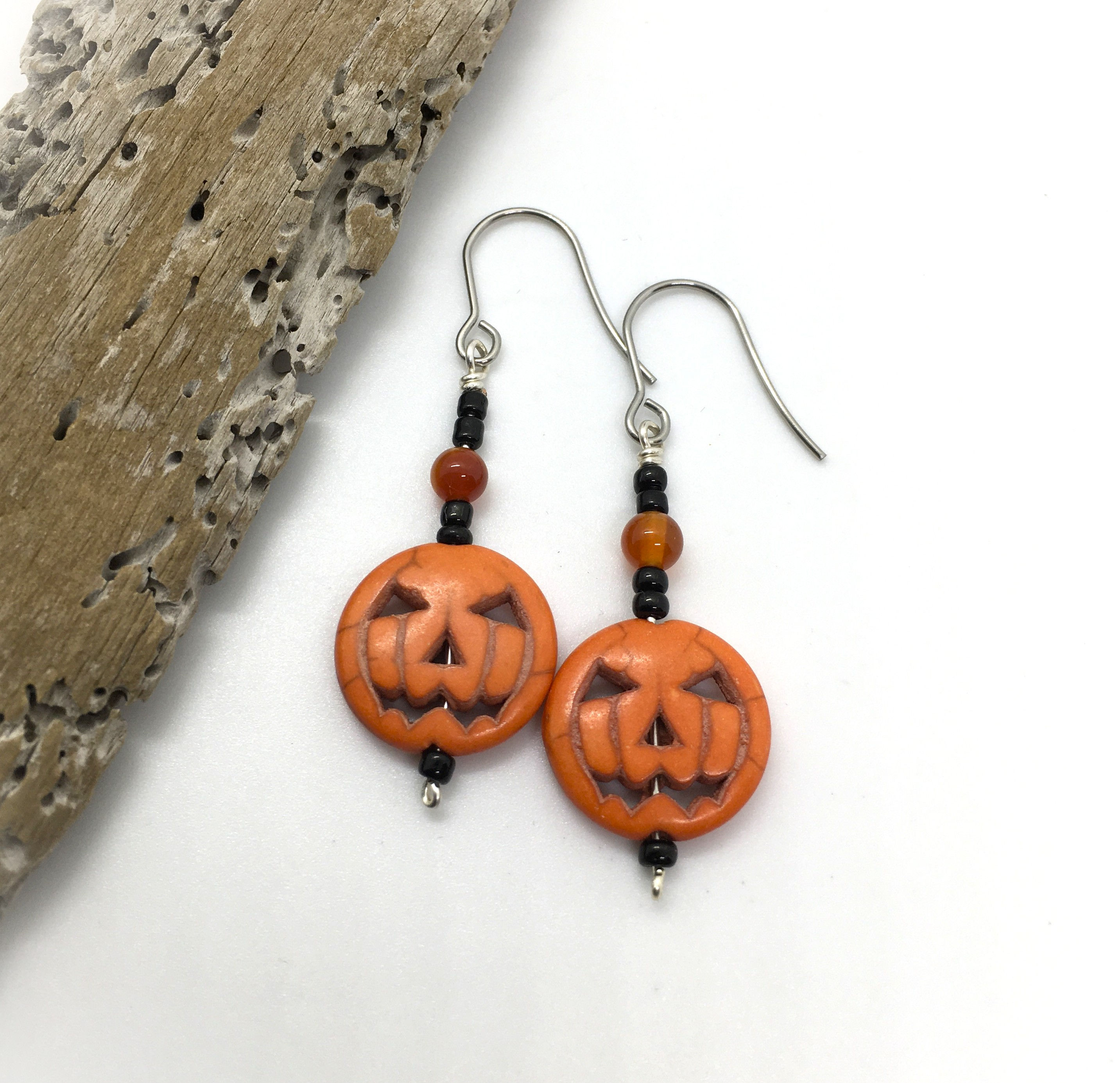 Dyed Howlite & Carnelian Jack-o'-Lantern Earrings (C698)