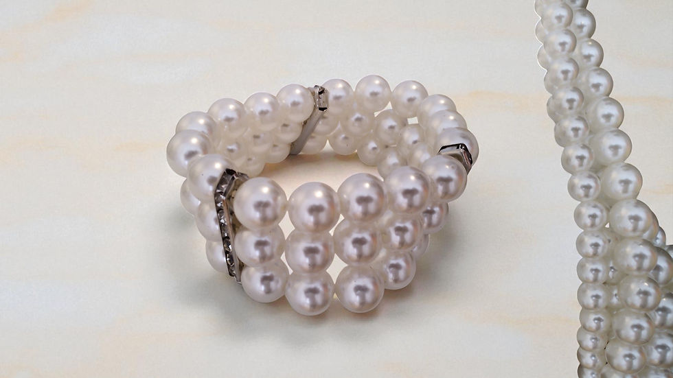 The Ashanti Pearls is dazzling. A rhinestone encrusted broach choker pearl necklace with matching bracelet and earrings.