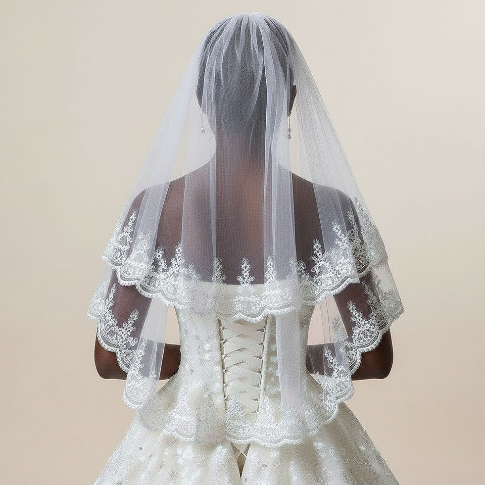 The Aris veil, with its double-layered design, offers an elegant silhouette.