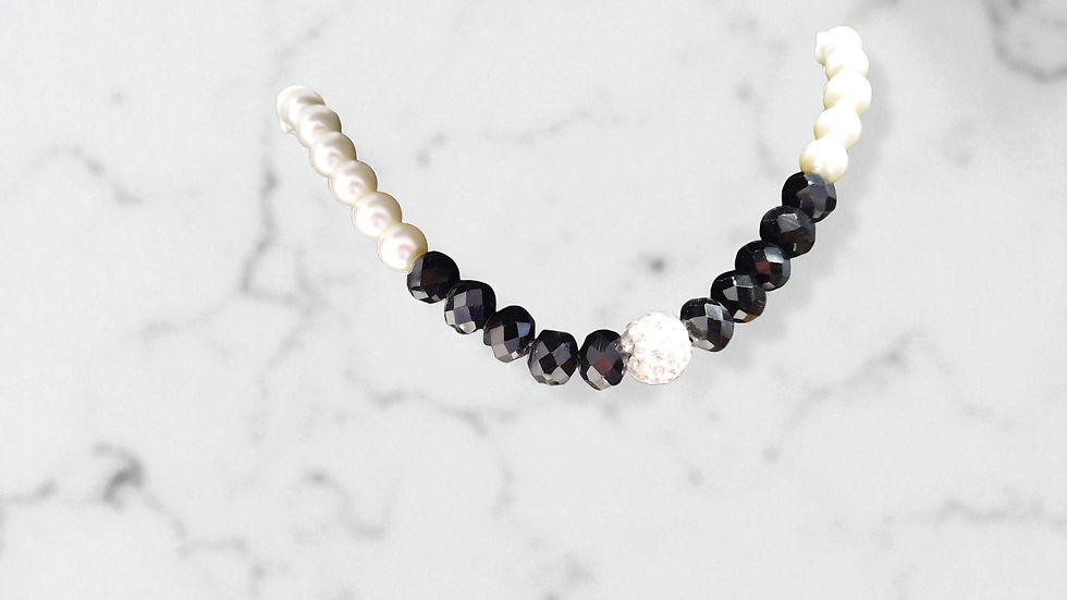 A black and white pearl necklace set with matching earrings and bracelet in BWTR-South East London Bridal Shop