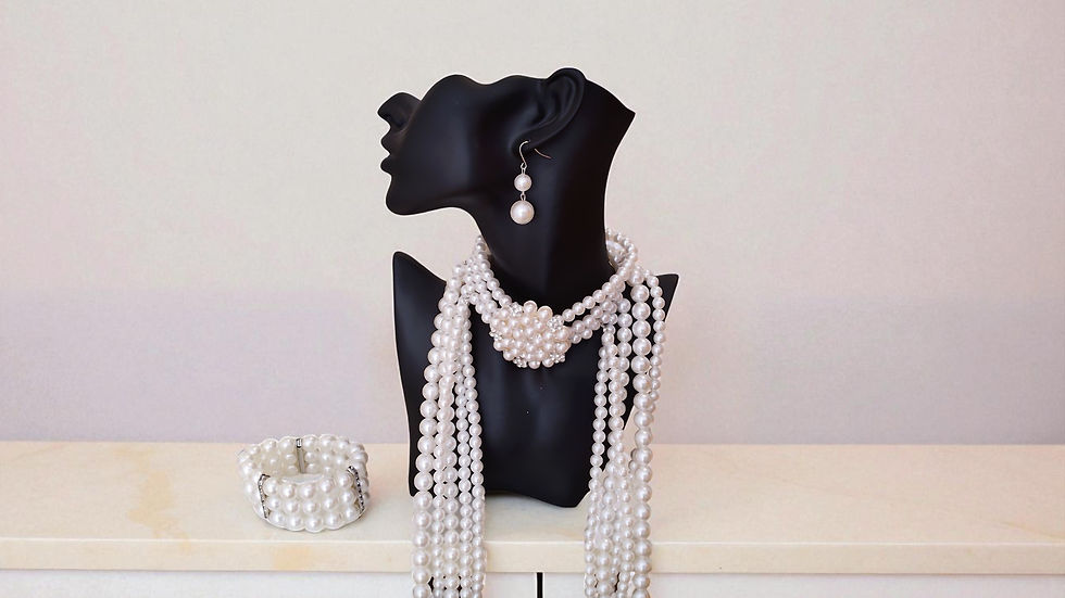 Thumbnail: The Ashanti Pearls is dazzling. A rhinestone encrusted broach choker pearl necklace with matching bracelet and earrings.