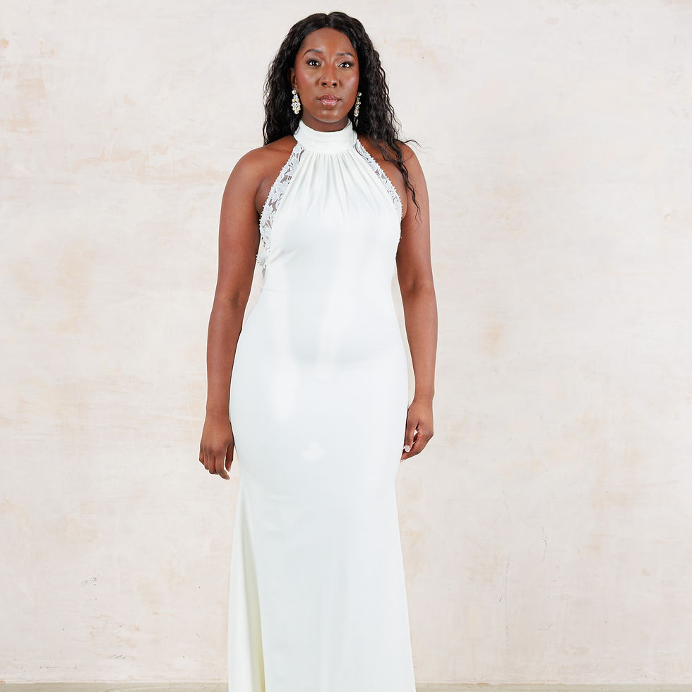 We love this Eva Lendel Shadow designer halterneck backless wedding dress with lace trim and a sweep train.